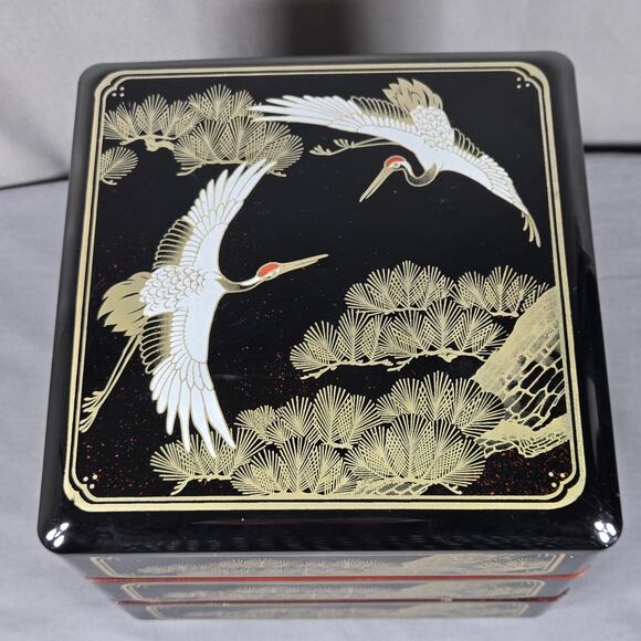 Japanese Lacquer Style Jubako Box Set Square 3 Tier Cranes Pine Black Red - Picture 2 of 7